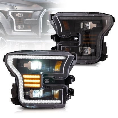 VLAND LED Headlights Compatible For [2015-2017 Ford F150 XL, XLT, Lariat, King Ranch, Platinum, Limited] With Dynamic Amber DRL & Turn Signal Lights, (Factory Halogen ONLY)