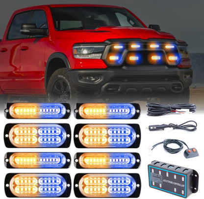 8pcs Sync Feature Emergency Strobe Grille Lights LED Ultra Slim Surface Mount Flashing Hazard Warning Light Bar with Controller for Firefighter/Construction/Trucks/Vehicles/Car - OMOTOR