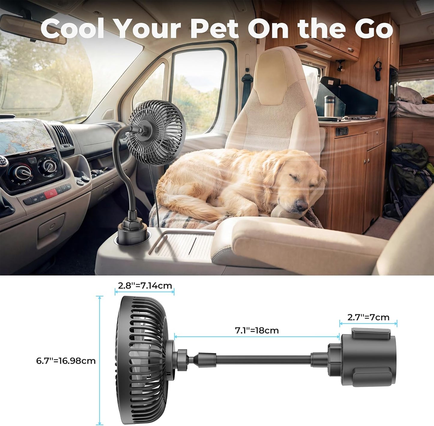 3-Speed 12V Portable Vehicle Cooling Fan for Front Seat for Dog/SUV/RV/Truck/Van