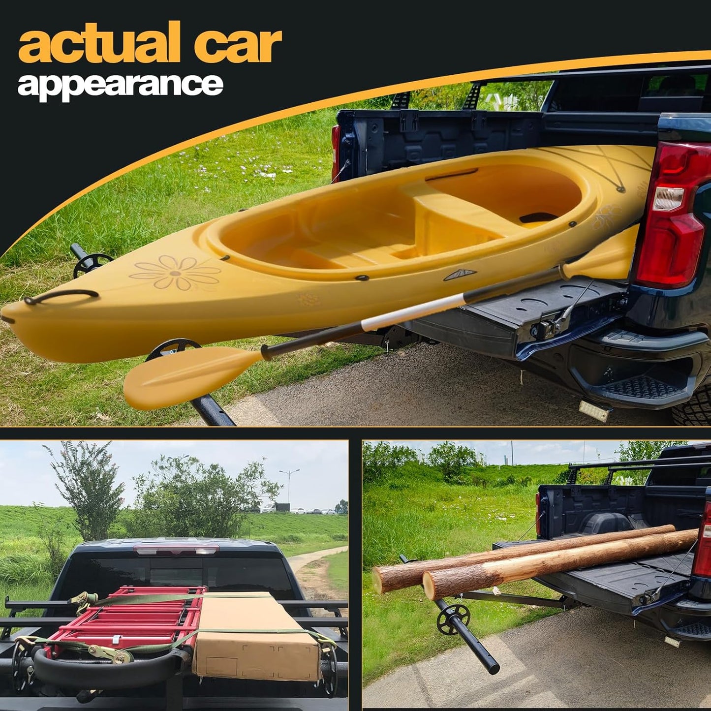 Adjustable Truck Bed Extender Hitch Mount for Trucks & SUV, Kayaks, Ladders, Lumber & Oversized Cargo, Reflective Tape