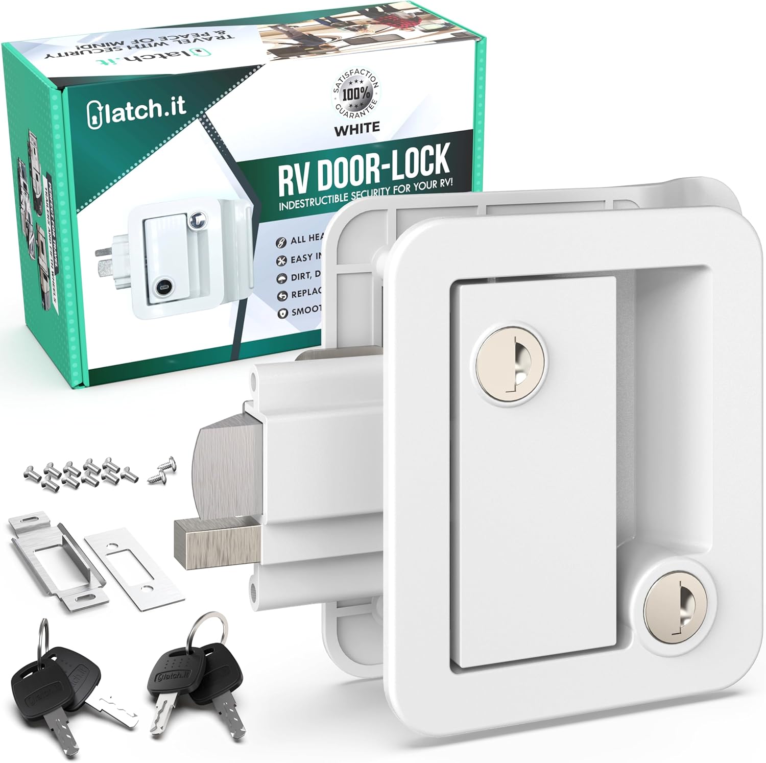 White RV Door Latch | 2 Keyed Alike RV Door Locks for Travel Trailers | 100% Metal Camper Door Lock w/ 4 Keys | Easy-to-Install & Fits Most!