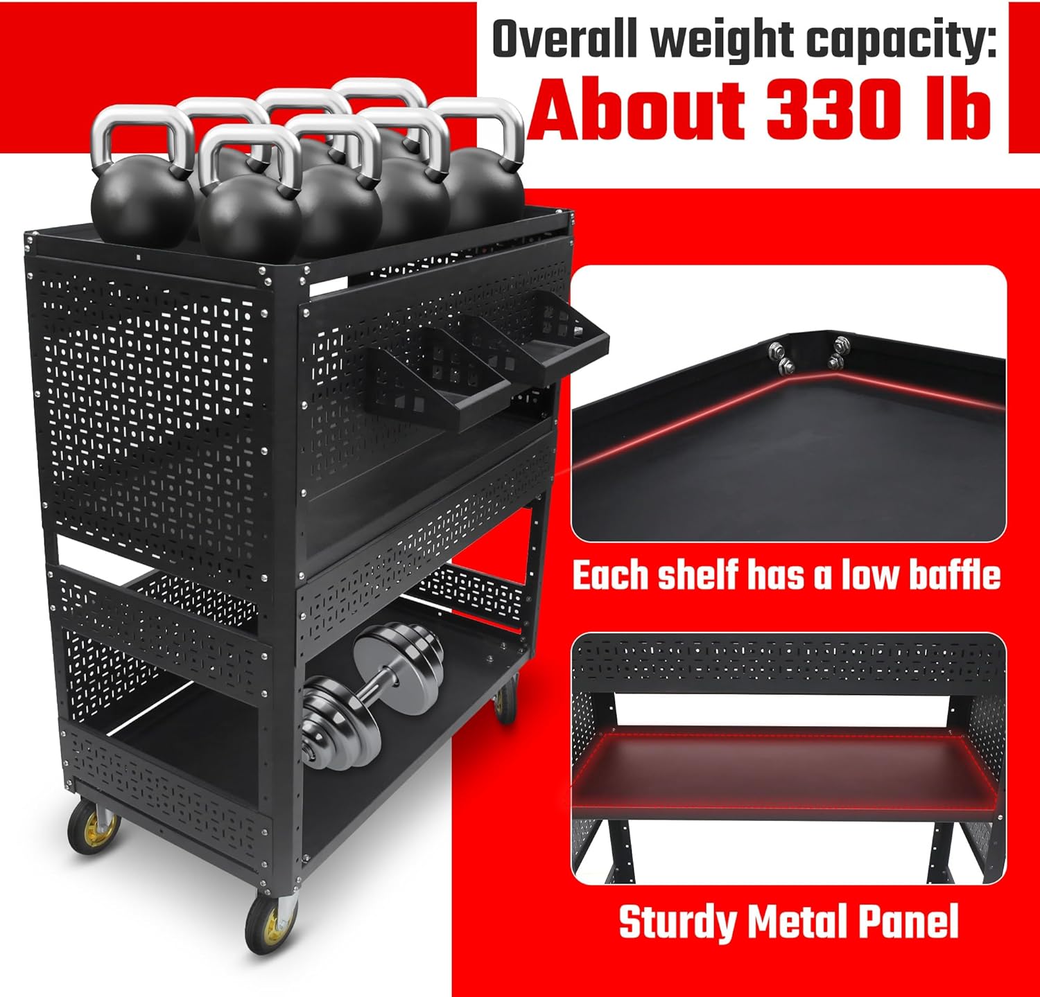 3-Tier DIY Detachable Utility Cart Storage Tool Cart with Steel Pegboard, Foldable Rolling Tool Cart with Wheels for Garage Organizer and Tool Storage