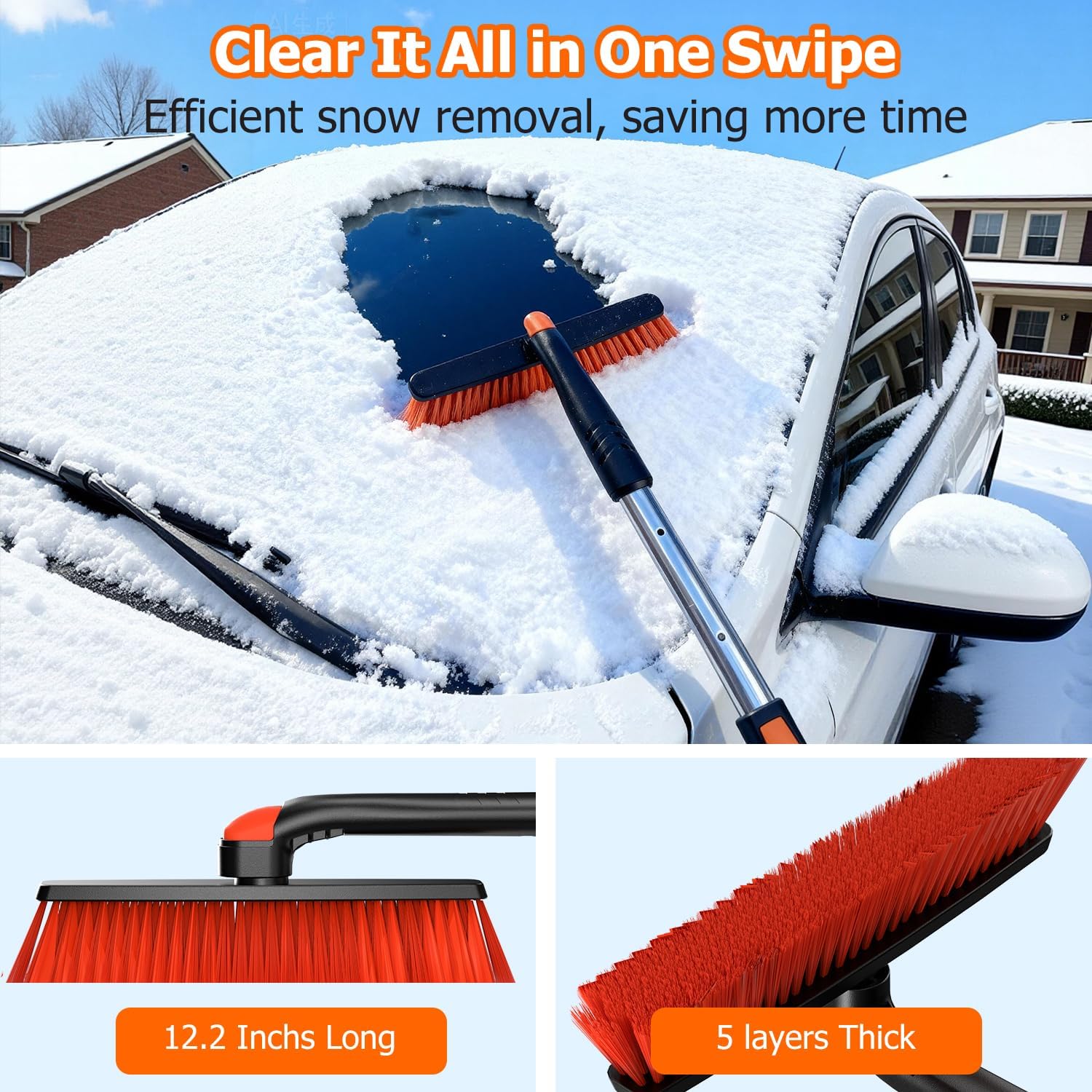 [2025 Upgrade Extendable Car Snow Brush and Ice Scraper [3-in-1] Clean Snow, Ice and Frost, 45''Adjustable Length with 360° Rotating Brush Head, Suitable for All Cars-Medium