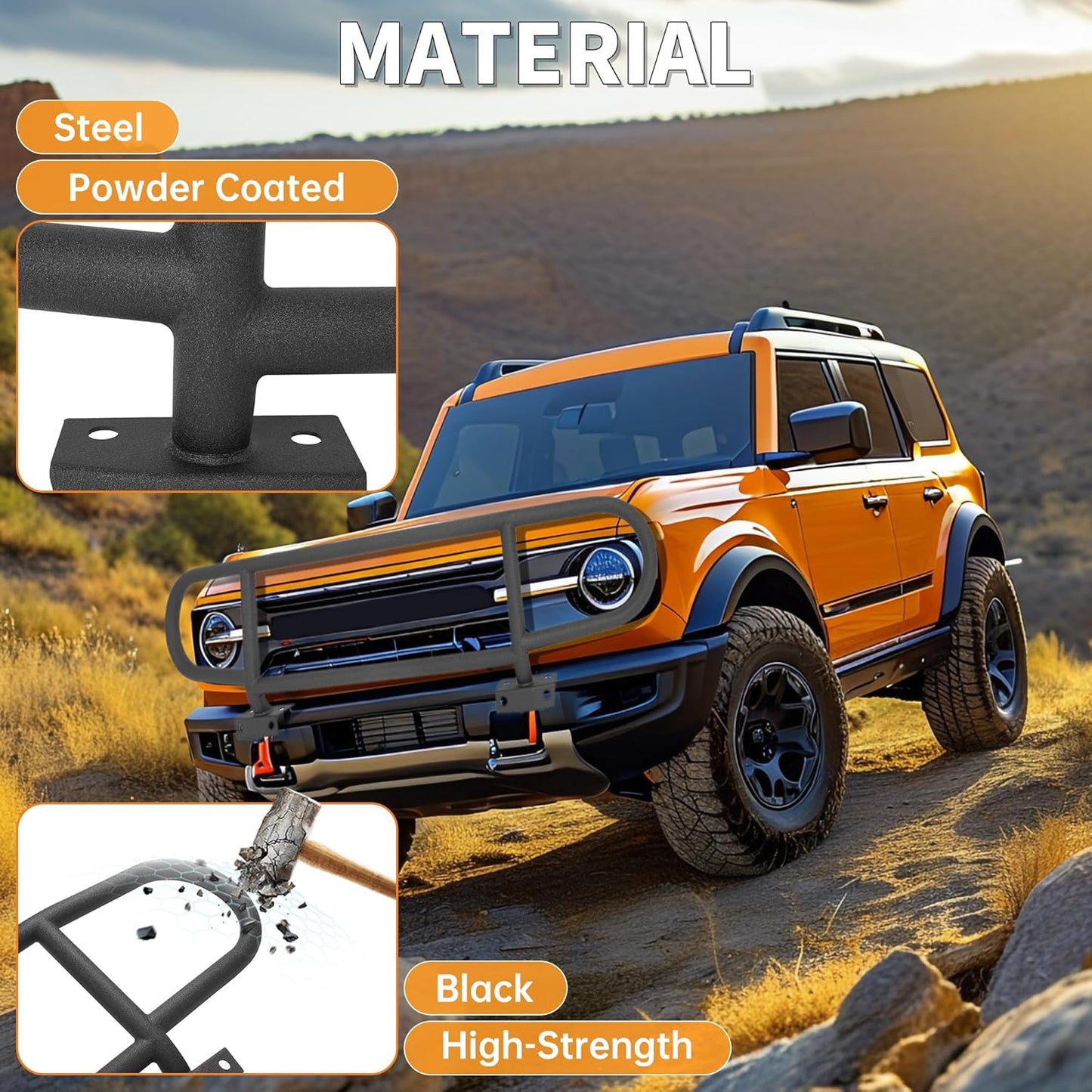KUAFU Bull Bar Brush Guard Compatible with 2021 2022 2023 2024 Ford Bronco Front Bumper Bull Bar Black Steel Powder Coated Grille Impact Frame