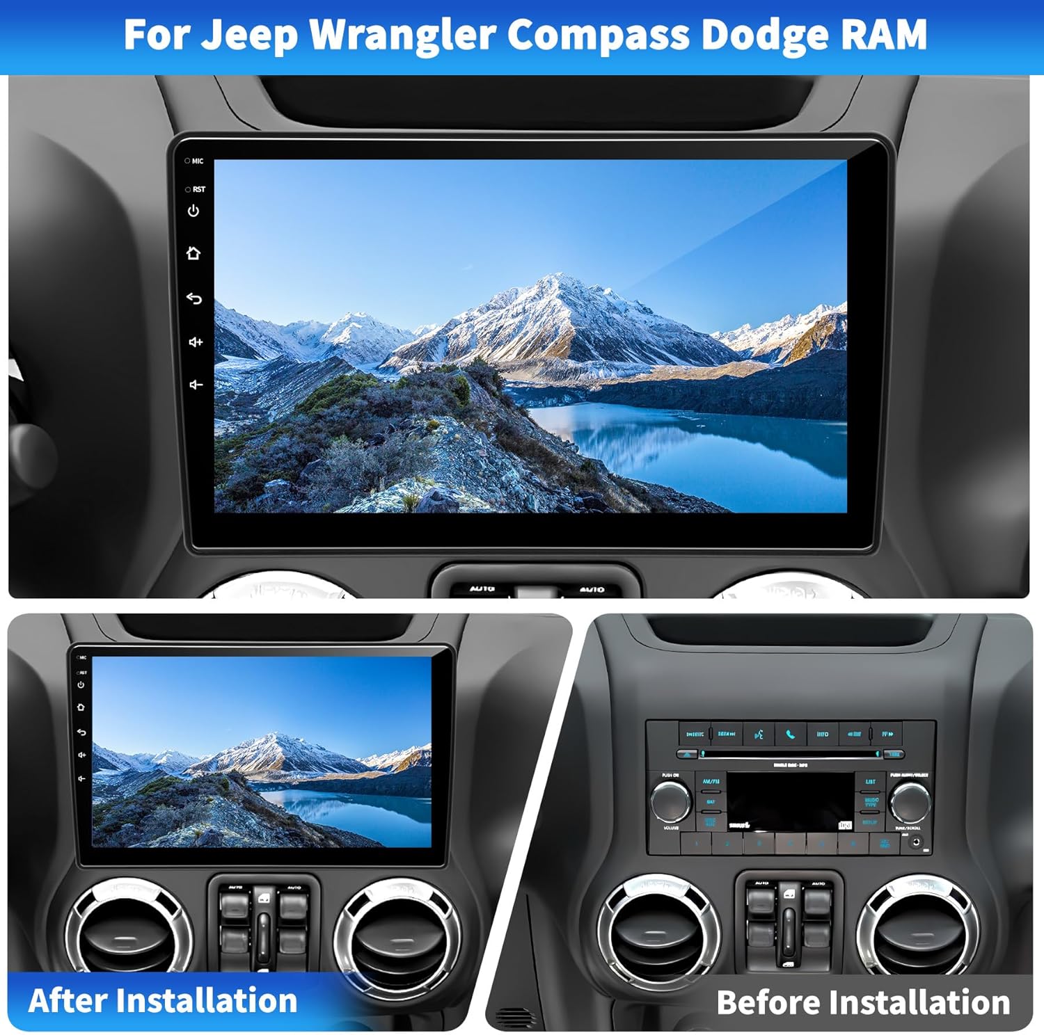 Car Stereo Radio for Jeep Wrangler JK Compass Grand Cherokee Dodge Ram 1500, Android 13 2GB+64GB, 10 inch IPS Touchscreen Wireless CarPlay Android Auto GPS Bluetooth AM/FM WiFi SWC, Backup Camera