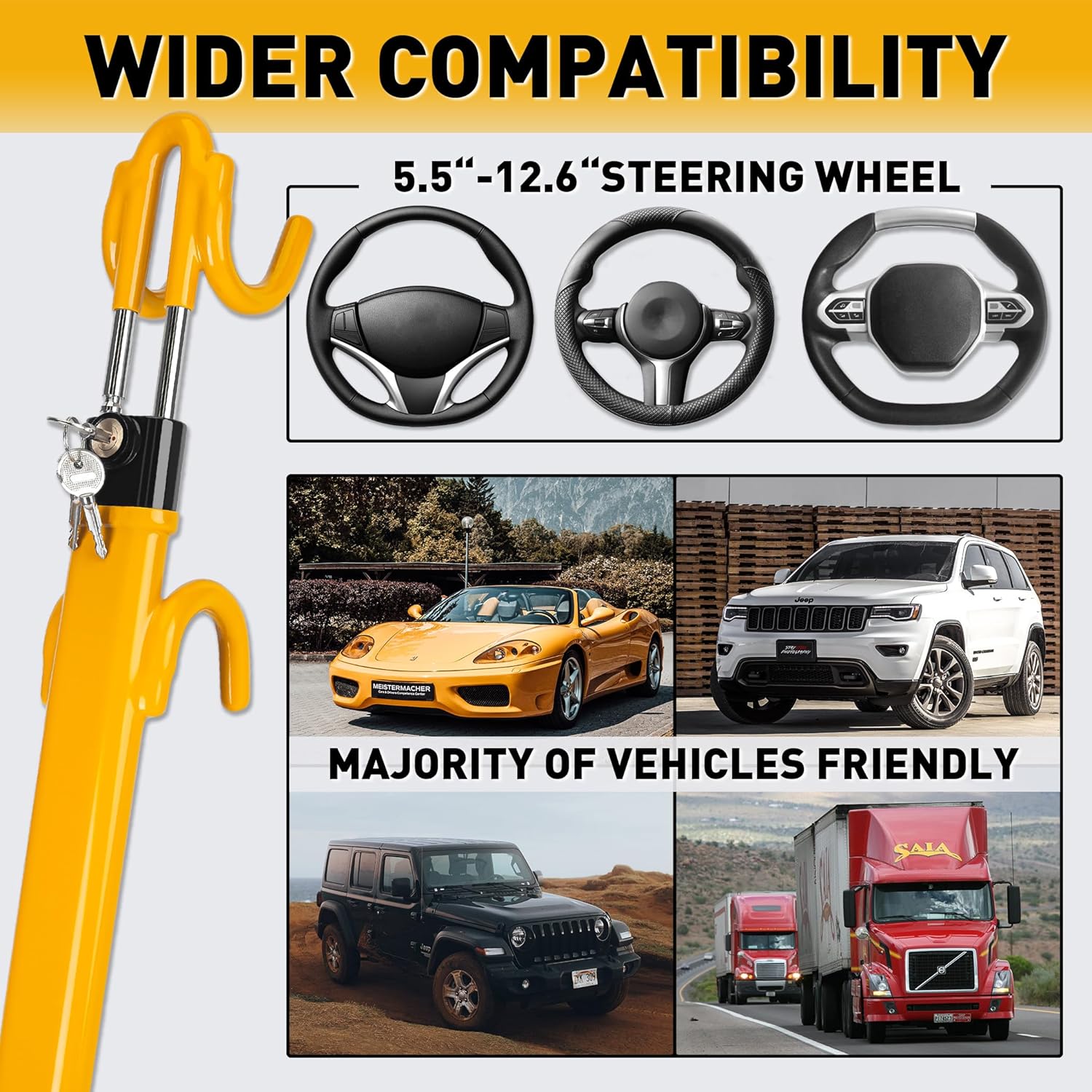 CARTMAN Heavy Duty Steering Wheel Lock Anti-Theft Car Device Security Car Lock Great Deterrent Adjustable Antitheft Locking Devices for Cars Trucks Vans and SUVs with 3 Keys