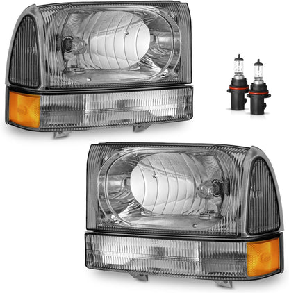 Headlights Assembly W/Bulbs for 99-04 Ford Super Duty F250 F350 F450 F550, for 00-04 Ford Excursion Headlight with Bumper Signal Corner Light - OMOTOR