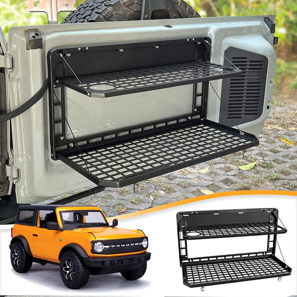 Tailgate Table Folding 2-Tier Rear Camping Cargo Storage Shelf for Ford Bronco Accessories 2021 2022 2023 2/4 Doors, Aluminum Alloy - OMOTOR