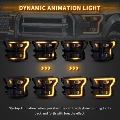VLAND LED Headlights Compatible For [2015-2017 Ford F150 XL, XLT, Lariat, King Ranch, Platinum, Limited] With Dynamic Amber DRL & Turn Signal Lights, (Factory Halogen ONLY)