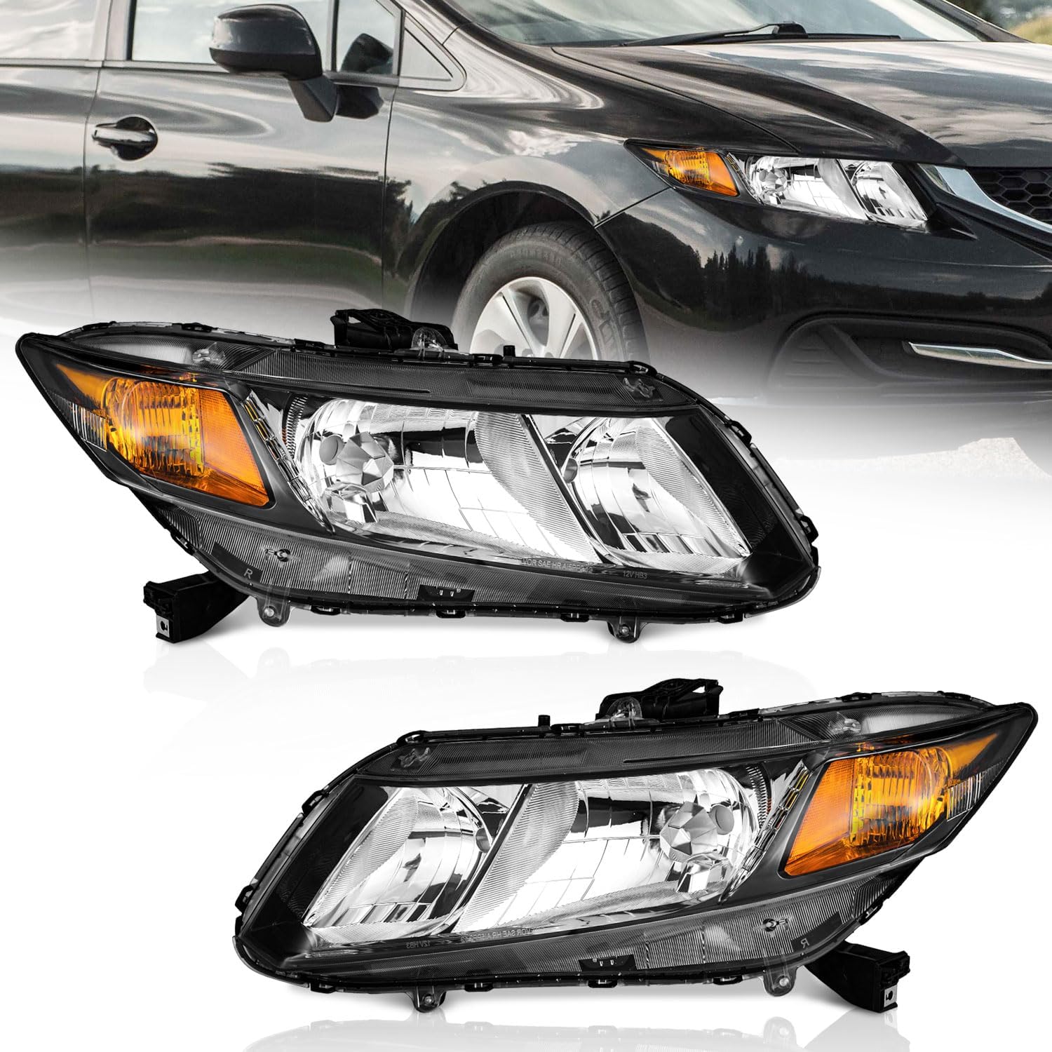 2012-2015 Honda Civic 4Dr Sedan & 12-13 Honda Civic 2Dr Coupe Headlights - Black/Chrome Housing, Amber Reflector (Left + Right Side, Not for Hybrid or Hybrid-L Models)