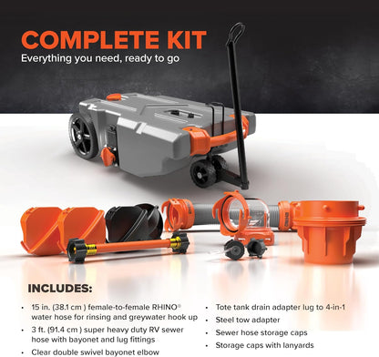 28/36 Gallon Portable RV Tote Tank - Features 2 Steerable No-Flat Front Wheels & Built-in Gate Valve - Includes Removable 24" Tow Bar, 3’ Sewer Hose