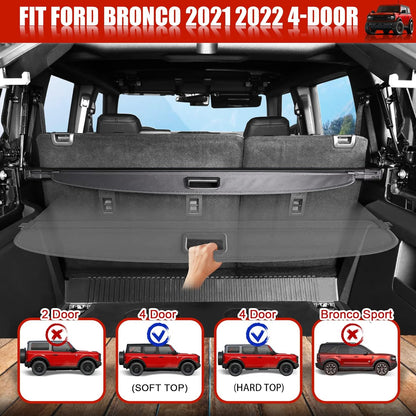 Trunk Cargo Cover for Ford Bronco Accessories 2021 2022 2023 2024 4-Door Retractable Rear Trunk Cargo Shade Cover Security Shield Shade(Not fit for Bronco Sport or Bronco 2-Door) - OMOTOR