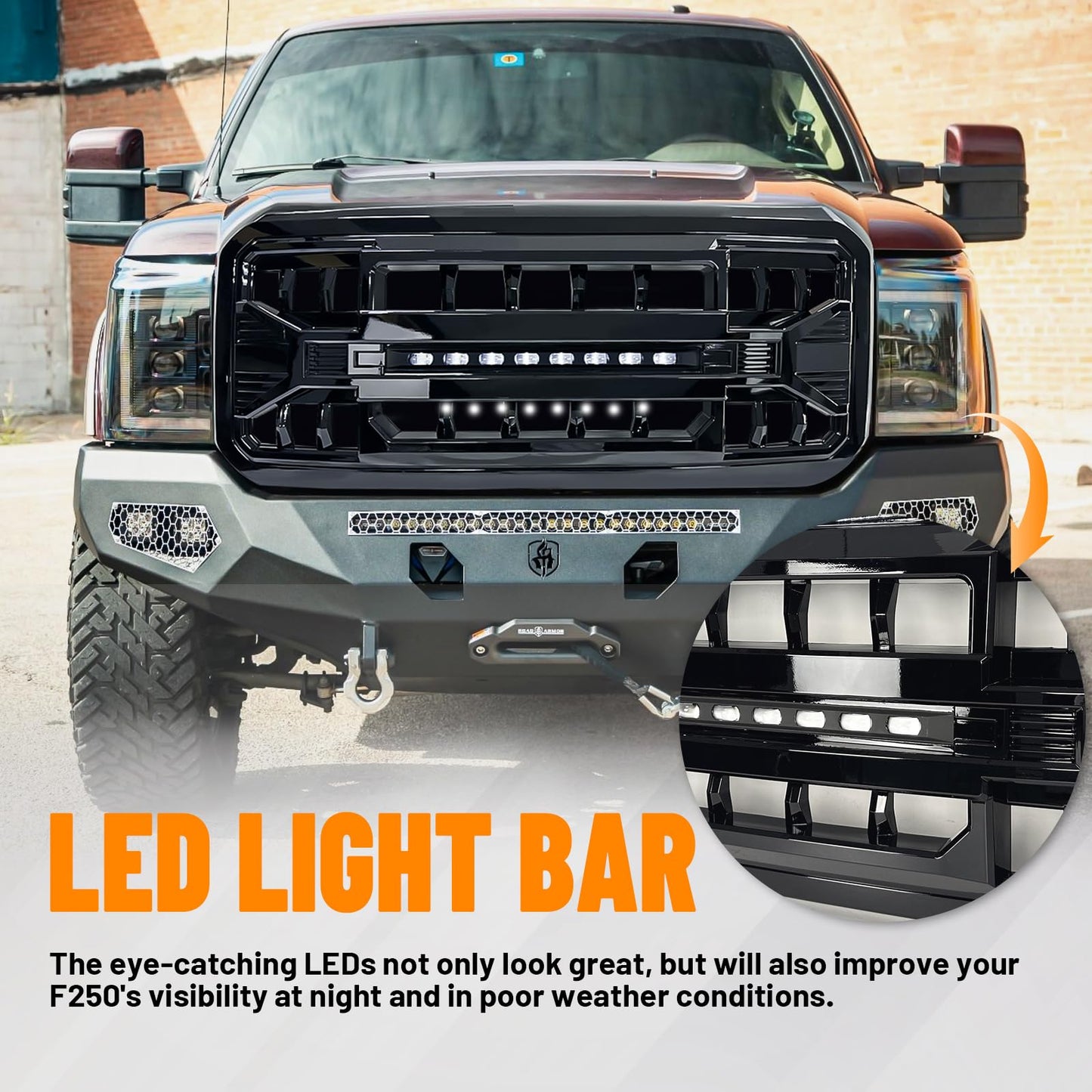 Front Grille Compatible with 2011-2016 F250 F350 F450 F550 Super Duty, Matte Black Front Bumper Grill Guard w/Off-Road Lights