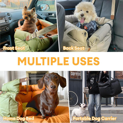 FUNNYFUZZY Leather Dog Car Seat for Small ＆ Medium Sized Dogs Up to 35lbs, Waterproof and Washable Dog Booster Seat Car Bed for Travel and Home,Portable and Safety(Green)