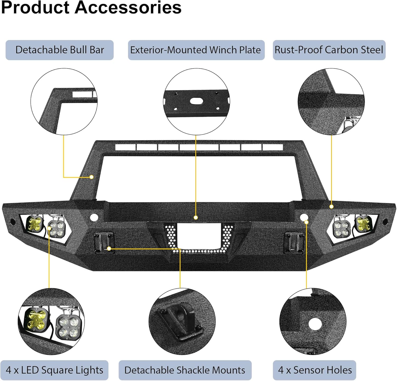 Off Road Front Bumper Fit for Ford Bronco 2021 2022 2023 2024 2025, Heavy Duty Steel Bumper Fit for Bronco 2/4 door W/Winch Plate, 4 x Lights, Sensor Holes, Shackle Mounts