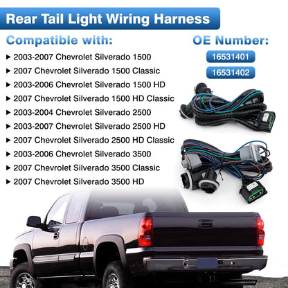 Tail Light Wiring Harness Compatible with 2003-2007 Chevy Silverado 1500 1500HD 2500 2500HD 3500 3500HD Replaces 16531401 16531402