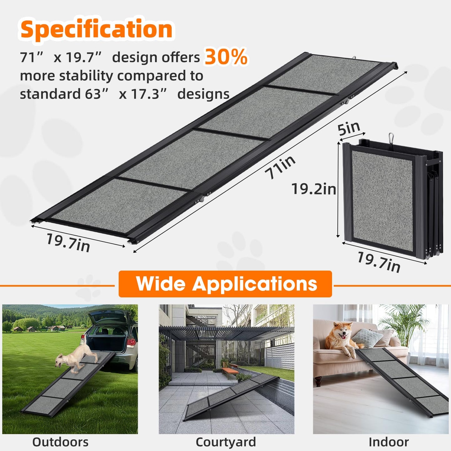 Dog Ramp for Car 𝟕𝟏”𝐱𝟐𝟎” Large Folding Pet Stair Ramps for Truck, SUV, with Non-Slip Surface, Up to 250LBS