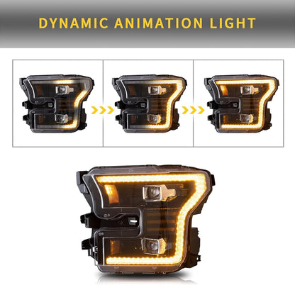 VLAND LED Headlights Compatible For [2015-2017 Ford F150 XL, XLT, Lariat, King Ranch, Platinum, Limited] With Dynamic Amber DRL & Turn Signal Lights, (Factory Halogen ONLY)