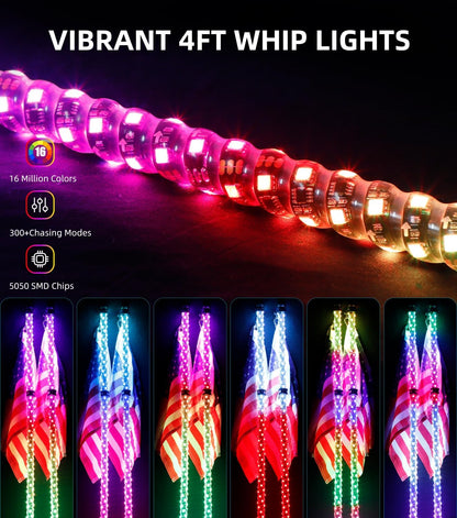 2pcs 4ft LED Whip Lights New Upgrade Spring Base with Bluetooth and Remote Control Spiral RGB Chase Light - OMOTOR