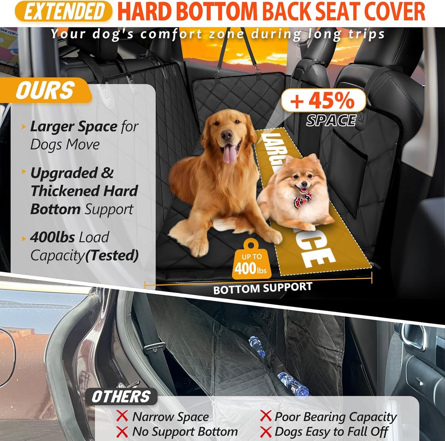 Back Seat Extender for Dogs-Large Space, Dog Car Seat Cover Hard Bottom Holds 400lbs, Sturdy Backseat Extender for Dogs, Waterproof Dog Hammock for Car Dog Car Bed for Car, SUV, Samll Truck