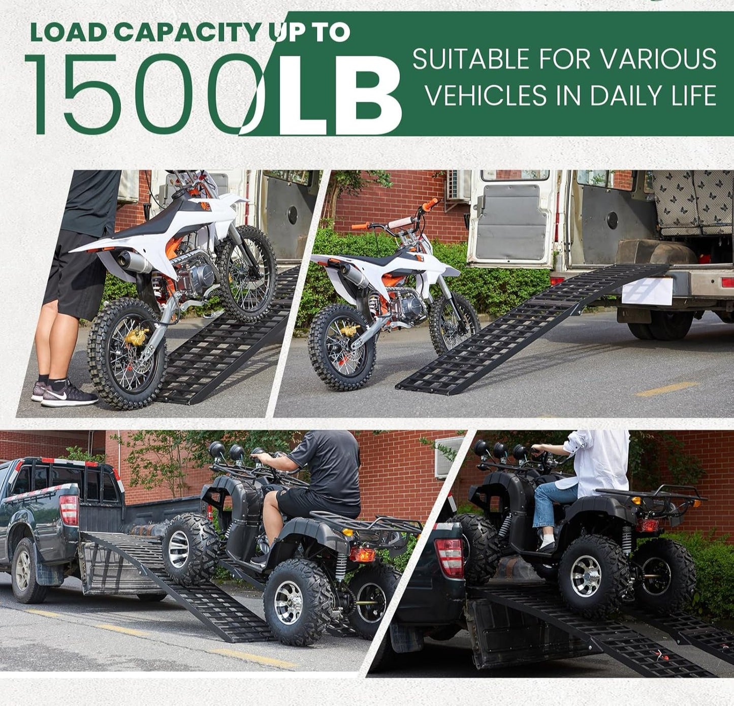 10ft Motorcycle Ramp 1500LBS Capacity, 120"x17.7" Black Truck Ramps, Loading Ramps for Pick Up Motorcycle, ATV, UTV, Dirt Bike, Lawn Mower, Golf Cart, Garden Tractor