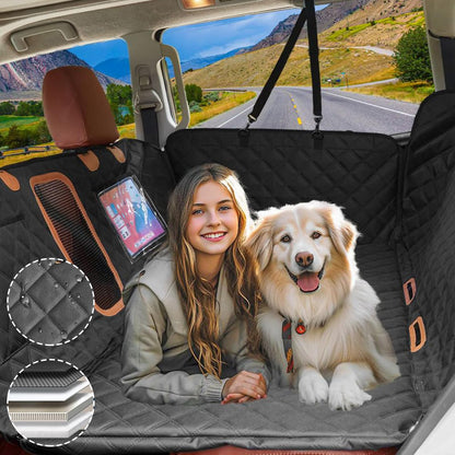 Back Seat Extender for Dogs, Waterproof Dog Car Seat Cover for Back Seat with Hard Bottom-Upgraded Anti-Scratch 1680D Oxford Fabric-Holds 600Lbs, Stowable Dog Hammock for Car&SUV&Truck （Grey，Large）