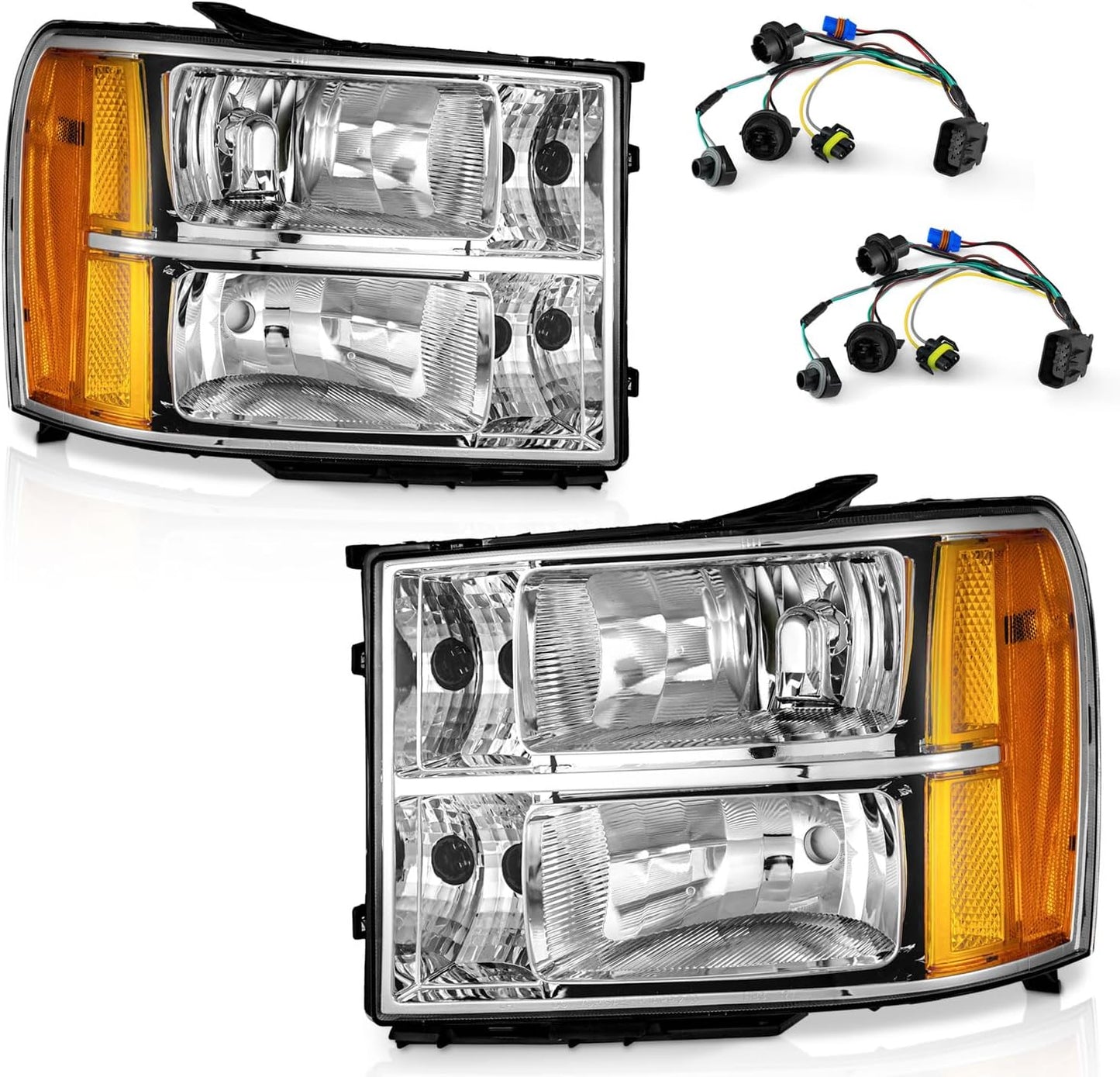 Headlight for 07-13 GMC Sierra 1500/07-14 Sierra 2500 HD 3500 HD Headlamp Black/Chrome Housing Amber Reflector L+R wiring harness included