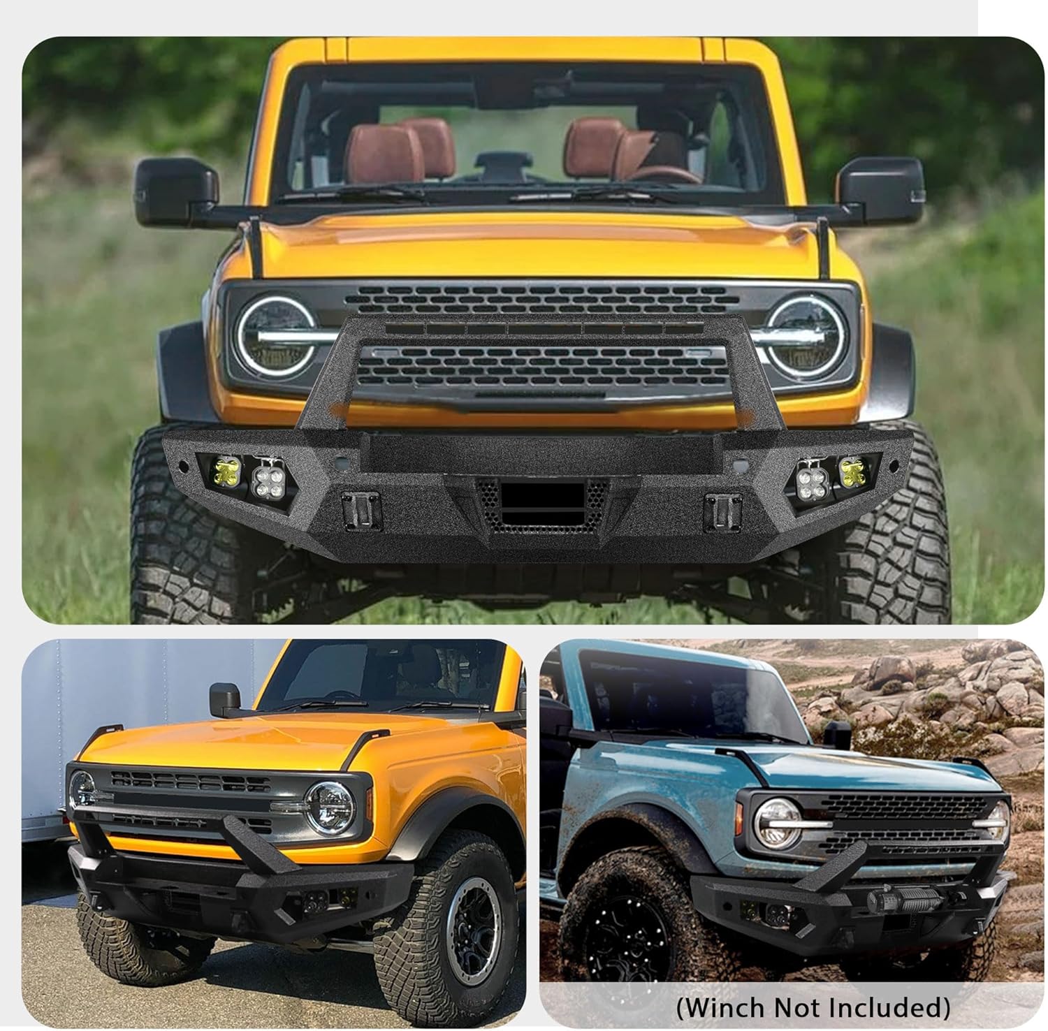 Off Road Front Bumper Fit for Ford Bronco 2021 2022 2023 2024 2025, Heavy Duty Steel Bumper Fit for Bronco 2/4 door W/Winch Plate, 4 x Lights, Sensor Holes, Shackle Mounts