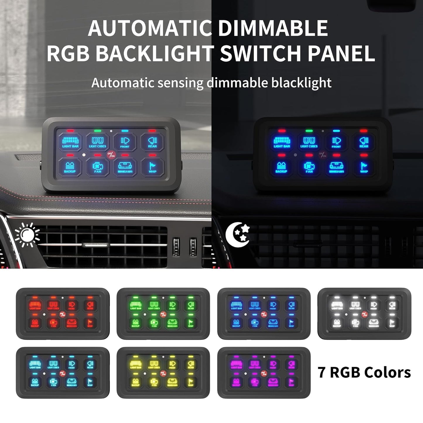 8 Gang Switch Panel RGB LED Lighted Multi-Function Switch Pod for Car ATV UTV Boat Marine
