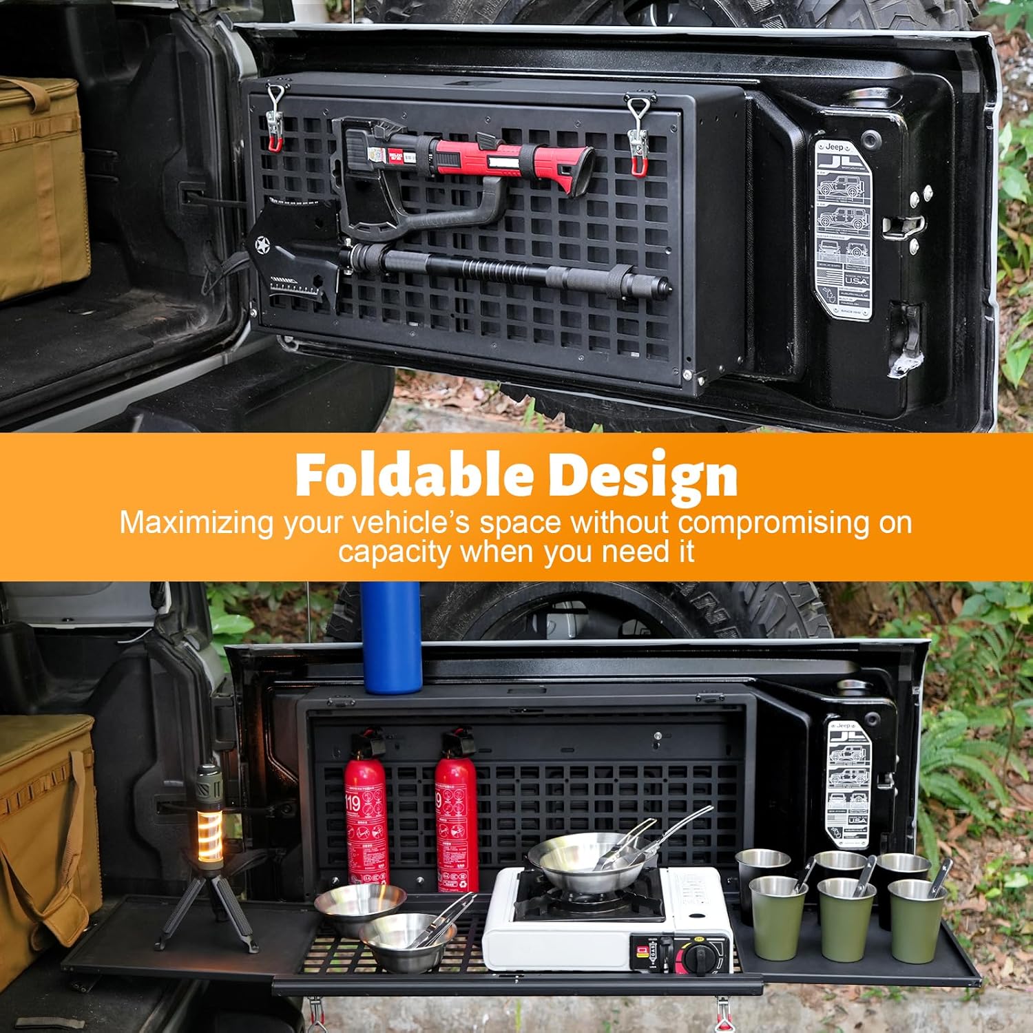 MAIKER Tailgate Table Storage Lock Box Compatible with Jeep Wrangler JK JKU JL JLU 4 Door, Multi-Functional Rear Foldable Table Cargo Shelf Storage Molle Panel Camping Desk