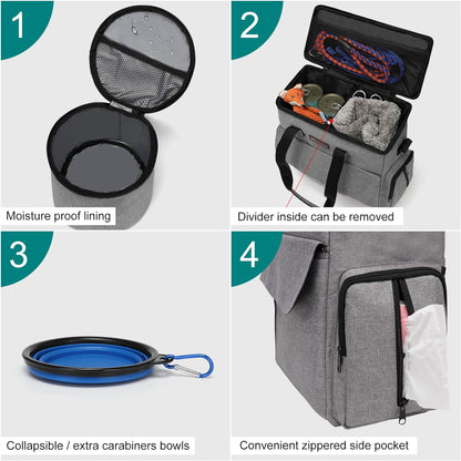 Dog Travel Bag, Weekend Pet Travel Set for Dog and Cat, Airline Approved Tote Organizer with Multi-Function Pockets, 2 Food Storage Containers, 2 Collapsible Bowls, 1 Feeding Mat (Grey) - OMOTOR