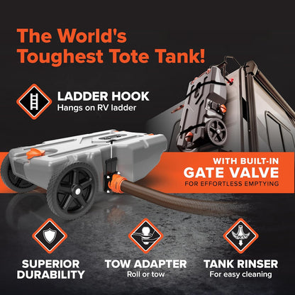 15/21/28/36 Gallon Portable Camper / RV Tote Tank - Features Large Heavy-Duty No-Flat Wheels & Built-In Gate Valve - Removable Steel Tow Adapter - OMOTOR
