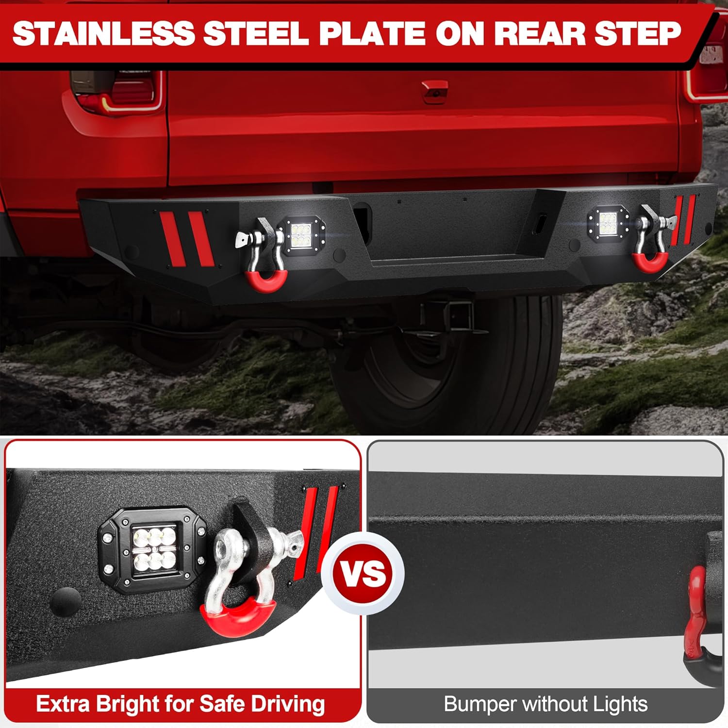 Rear Bumper Compatible with Jeep Gladiator JT 2020 2021 2022 2023 2024 2025, Textured Black Pickup Truck Bumper for 2020-2025 Gladiator JT, with Step Plate, Lights, Sensor Holes and D-rings