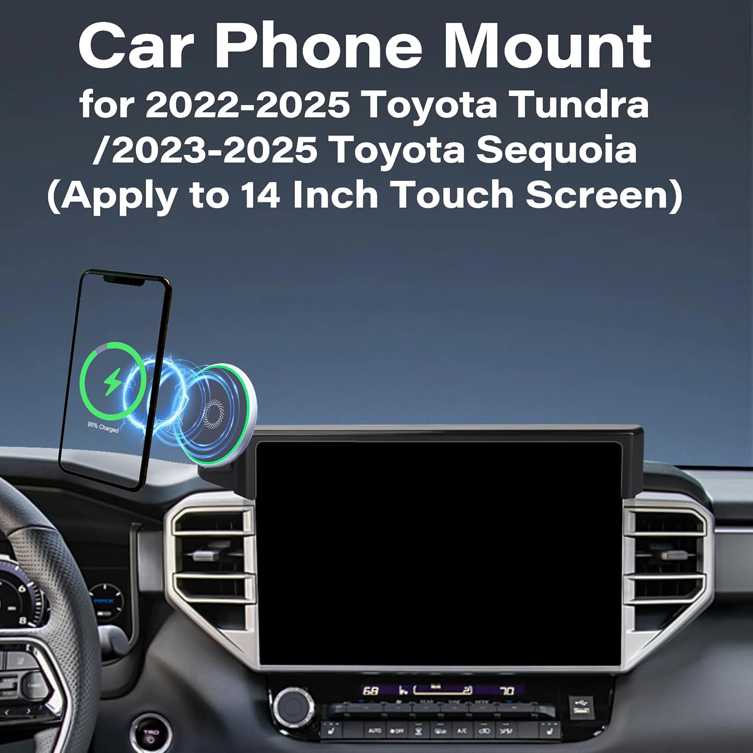 Car Phone Holder for 2022-2025 Toyota Tundra/2023 2024 2025 Toyota Sequoia Accessories 15W Fast Wireless Charger Screen Fixed Clip Cell Phone Mount Hands-Free 360 Degree Rotation(14 Inch)