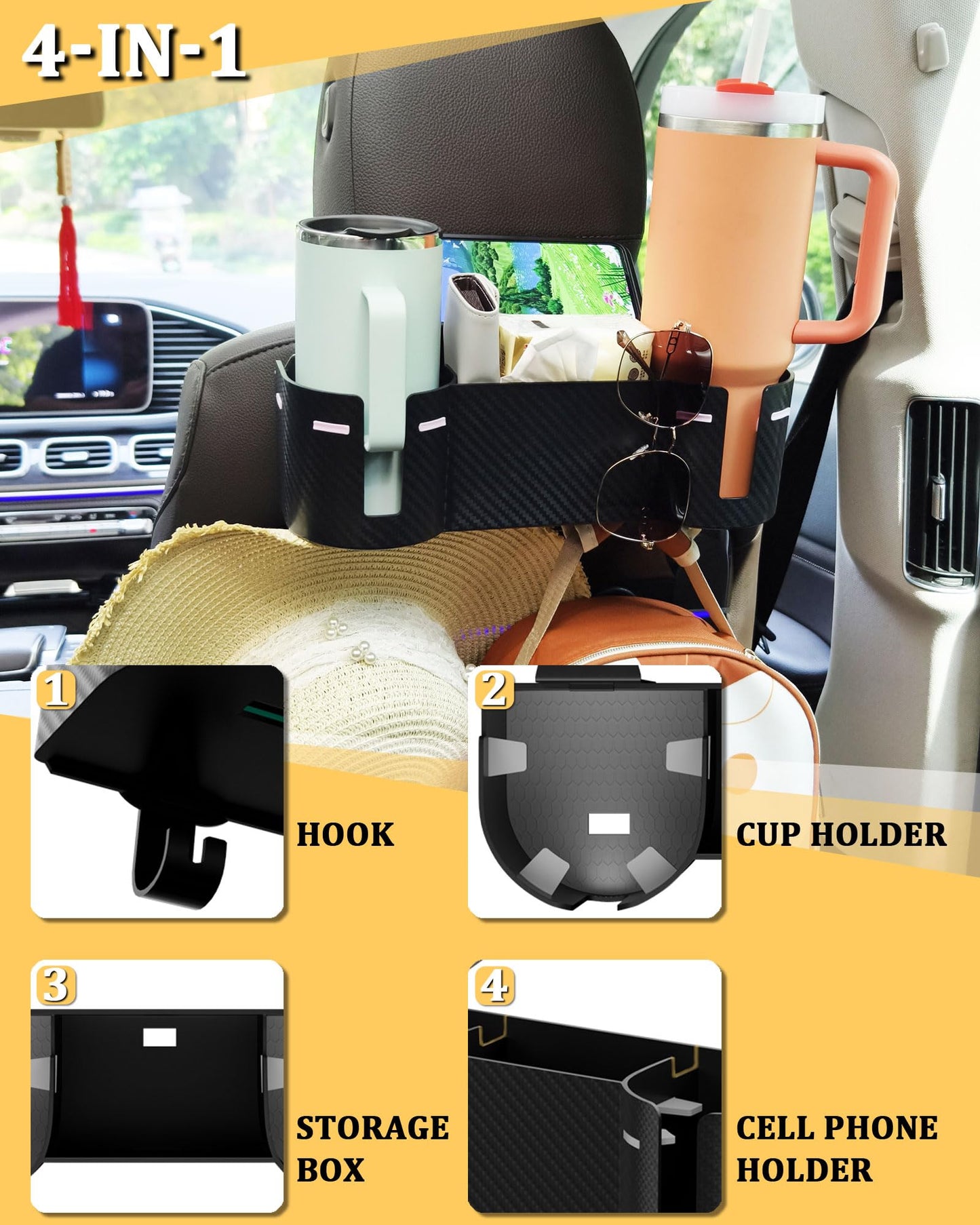 Car Headrest Backseat Cup Holder with Hooks, Multifunctional Organizer
