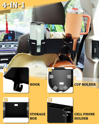 Car Headrest Backseat Cup Holder with Hooks, Multifunctional Organizer