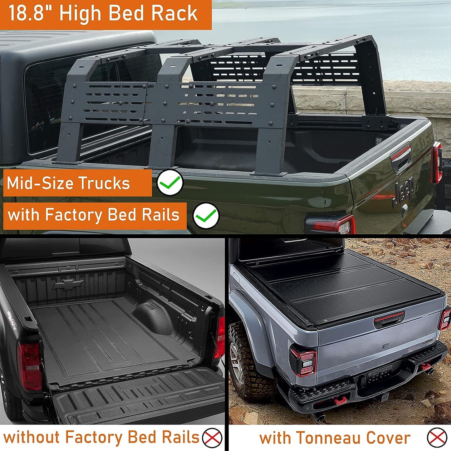 High Overland Bed Rack for Mid-Size Trucks w/Bed Rails - Compatible with 05-23 Toyota Tacoma & 20-23 Jeep Gladiator JT