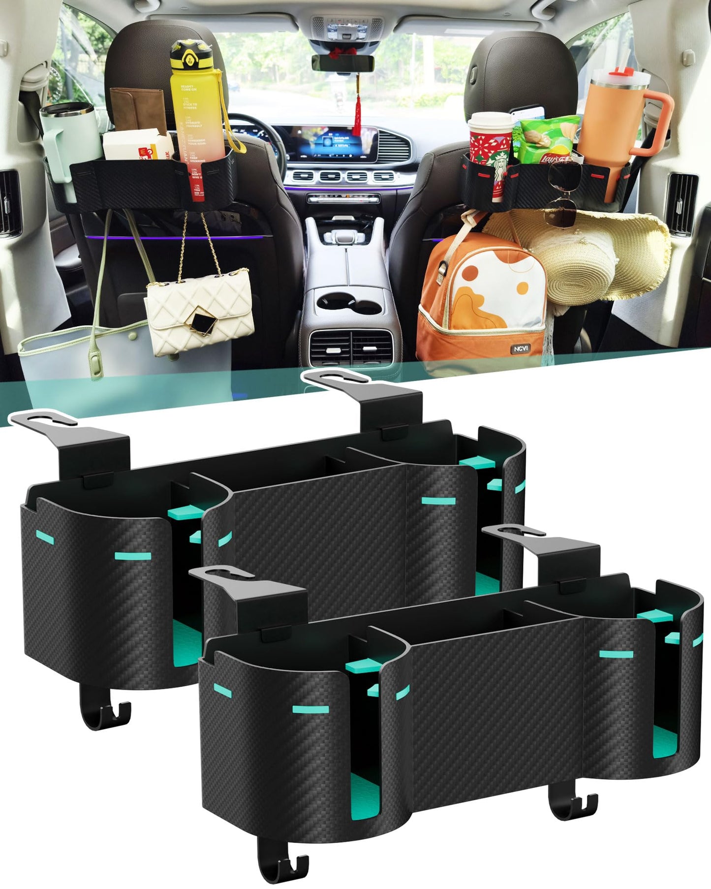 Car Headrest Backseat Cup Holder with Hooks, Multifunctional Organizer