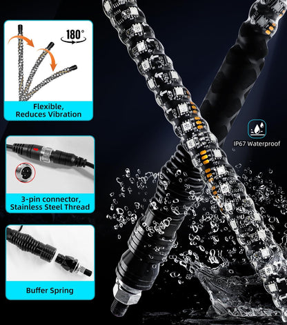 2pcs 4ft LED Whip Lights New Upgrade Spring Base with Bluetooth and Remote Control Spiral RGB Chase Light - OMOTOR