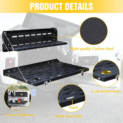 Double-Layer Tailgate Table for 2021 2022 Ford Bronco 2/4 Door Rear Foldable Cargo Shelf,Storage Shelf MOLLE Panel - OMOTOR