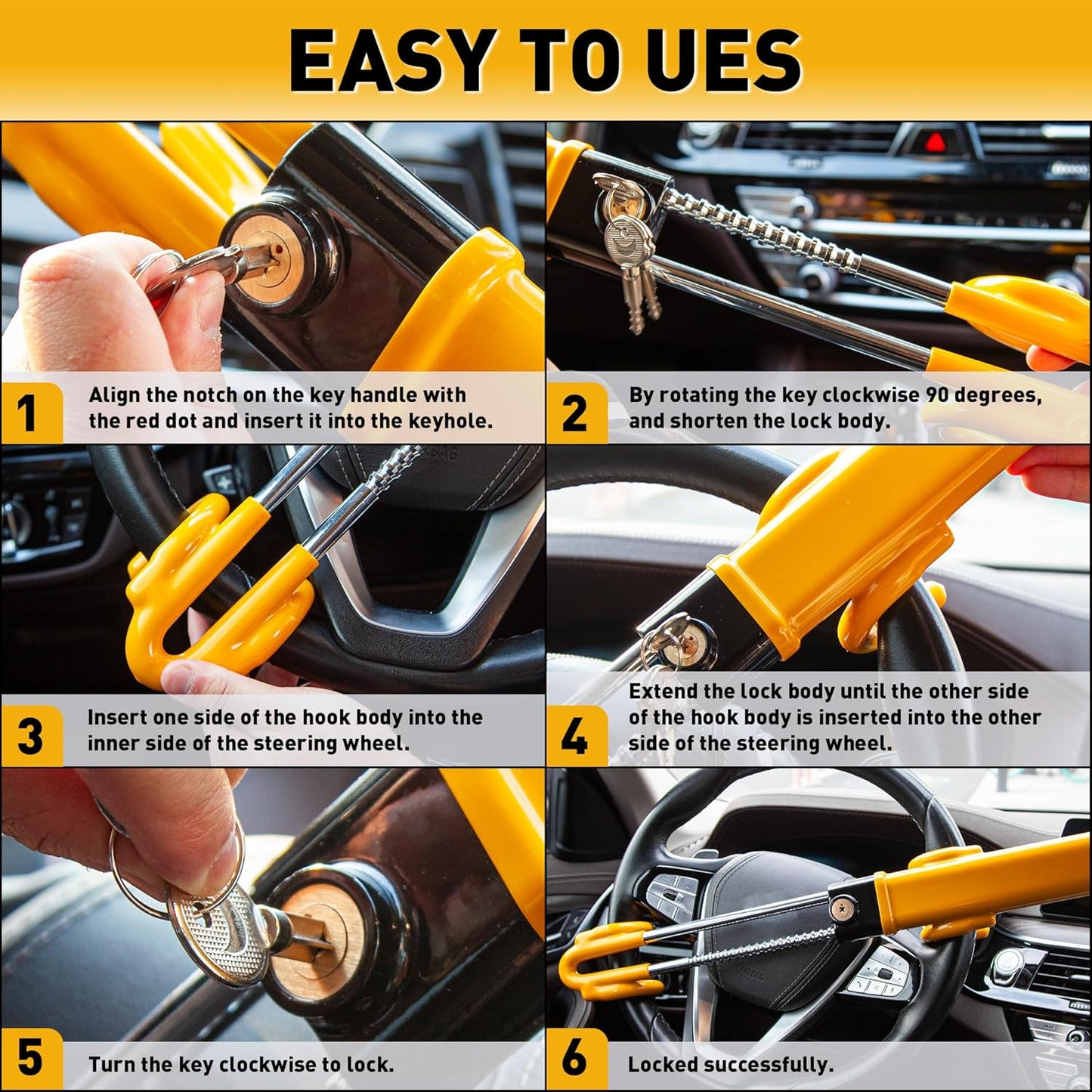 CARTMAN Heavy Duty Steering Wheel Lock Anti-Theft Car Device Security Car Lock Great Deterrent Adjustable Antitheft Locking Devices for Cars Trucks Vans and SUVs with 3 Keys