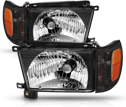 AmeriLite Replacement Halogen Headlights With Corner Lamp + Bracket For 1996-1998 Toyota 4Runner SUV N180 - Passenger and Driver Side, Vehicle Light Assembly, Black
