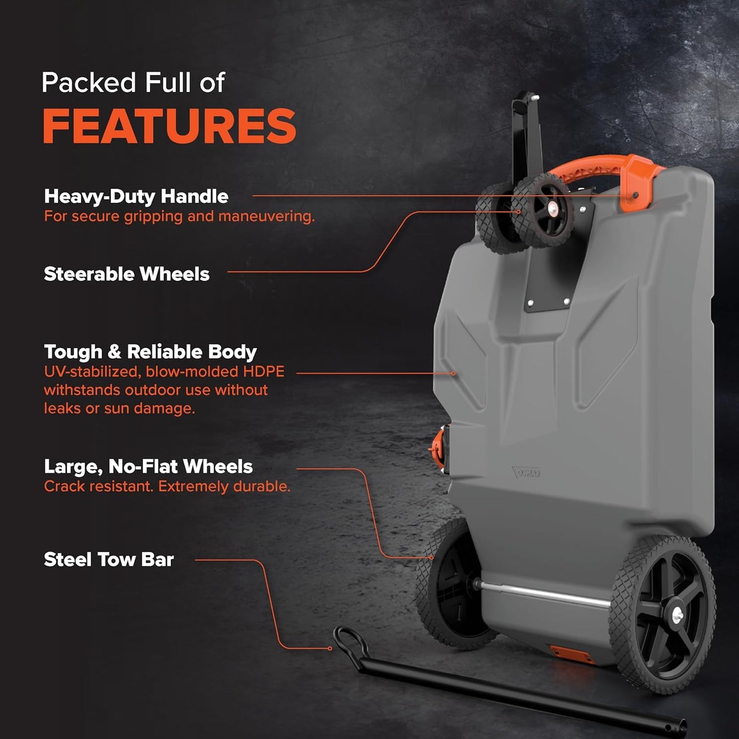 28/36 Gallon Portable RV Tote Tank - Features 2 Steerable No-Flat Front Wheels & Built-in Gate Valve - Includes Removable 24" Tow Bar, 3’ Sewer Hose