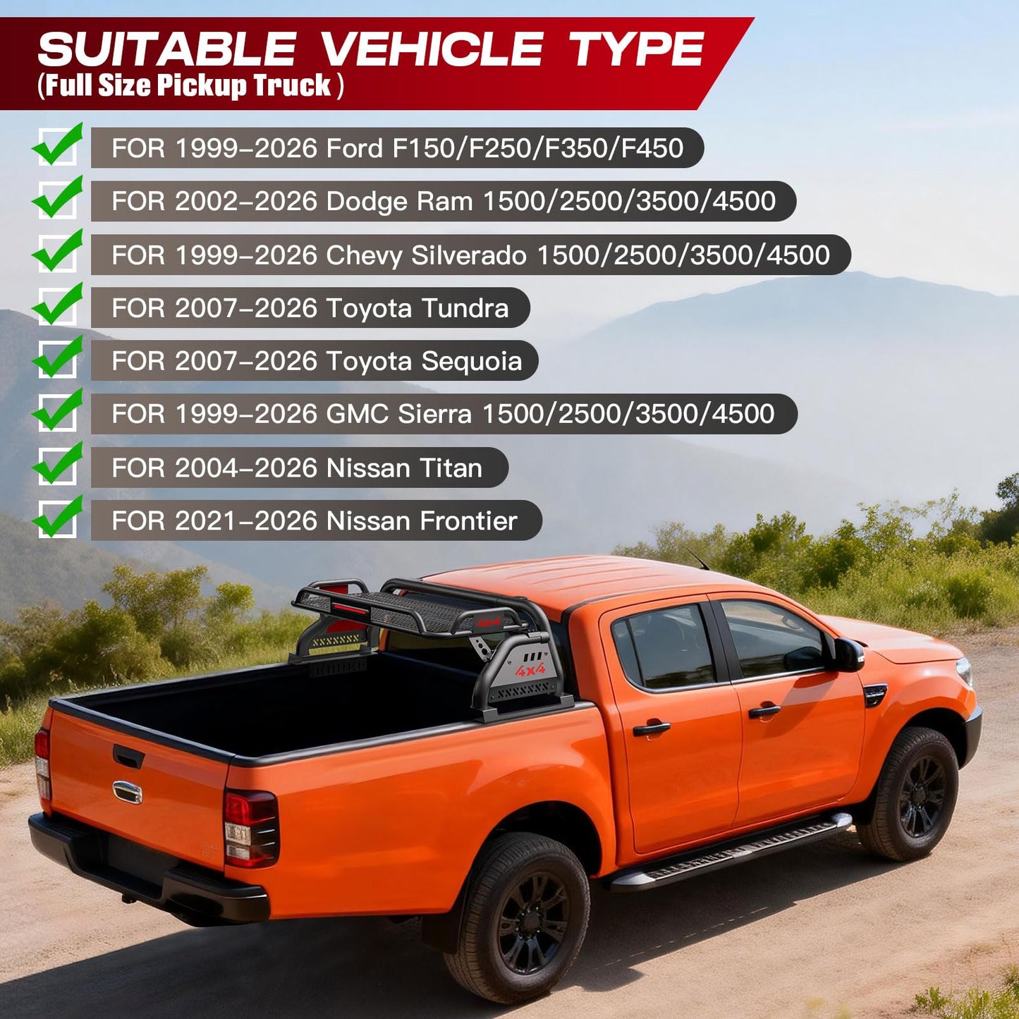 Adjustable Roll Bar for Truck with Cargo Basket Compatible with Full-Size Pickup Trucks Ford F-150, Chevy Silverado 1500, Ram 1500, GMC Sierra 1500, Tundra, Titan