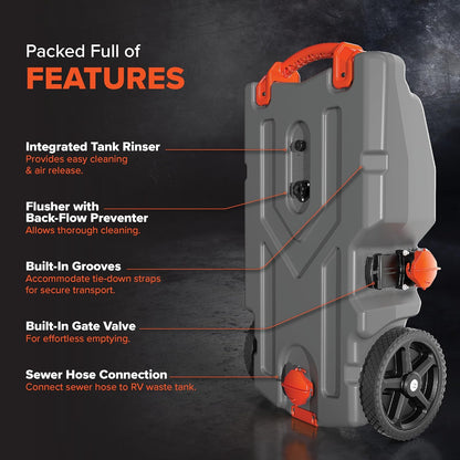 15/21/28/36 Gallon Portable Camper / RV Tote Tank - Features Large Heavy-Duty No-Flat Wheels & Built-In Gate Valve - Removable Steel Tow Adapter - OMOTOR