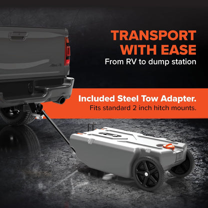 28/36 Gallon Portable RV Tote Tank - Features 2 Steerable No-Flat Front Wheels & Built-in Gate Valve - Includes Removable 24" Tow Bar, 3’ Sewer Hose