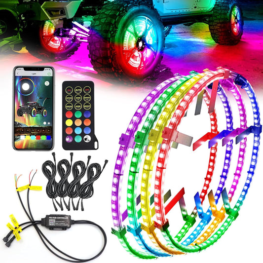 Tavaray 4PCS 14" Double Sided RGB LED Wheel Ring Lights with APP & Remote Control, 178+DIY Dynamic Modes w/Turn Signal Braking and Reverse Function Wheel Lights for Trucks Pickups Cars Offroad