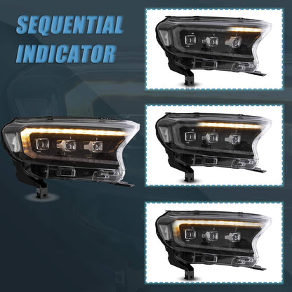 VLAND Headlights Assembly Fit for 2019-2024 Ford Ranger, with Sequential Turn Signal, Projector/Clear