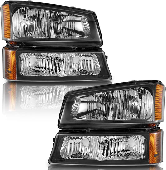 Headlights for 03-07 Chevy Silverado1500/2500/3500/1500HD/2500HD,03-06 Avalanche 1500/2500 Pickup, Black/Chrome Housing amber Reflector Left+Right