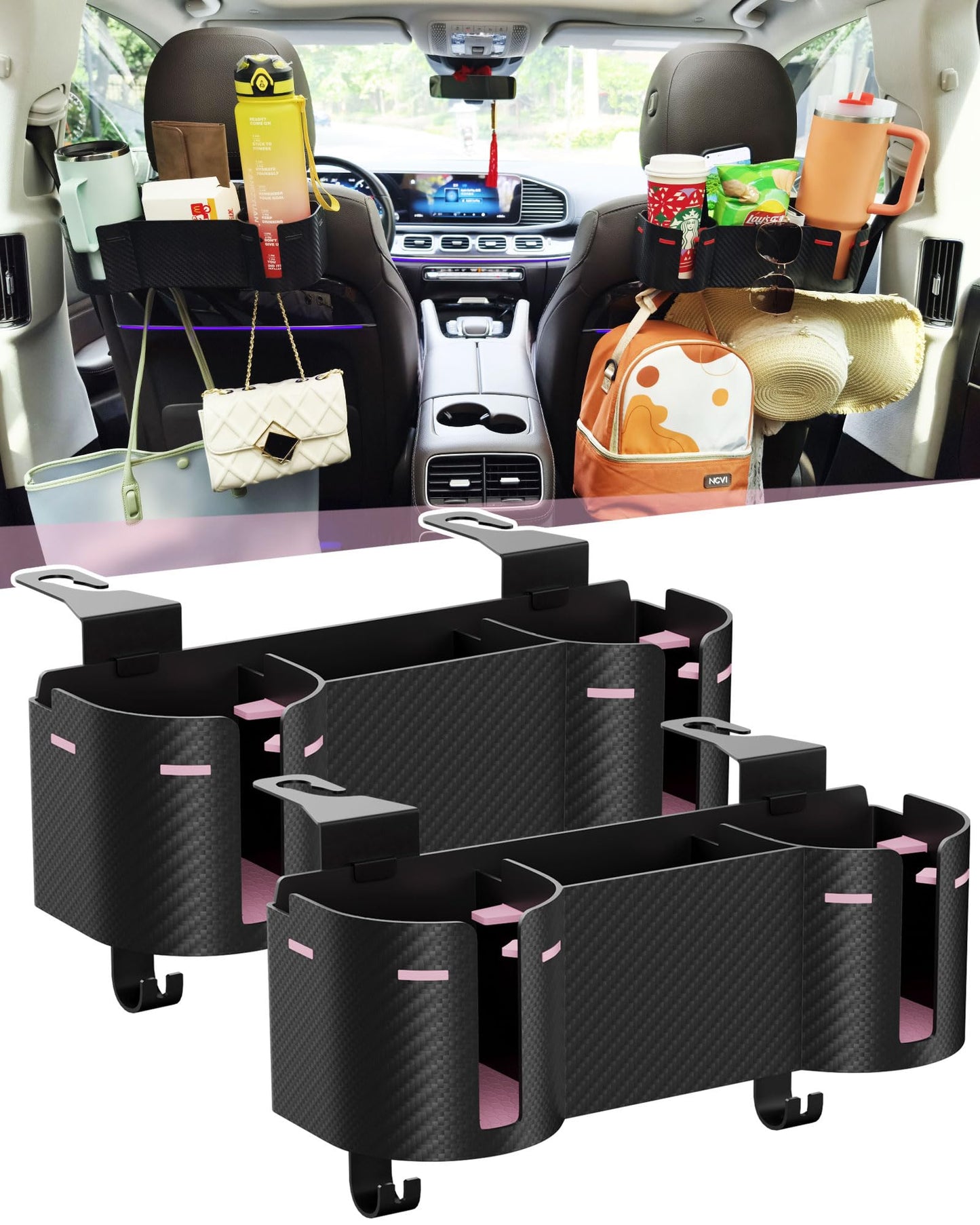 Car Headrest Backseat Cup Holder with Hooks, Multifunctional Organizer